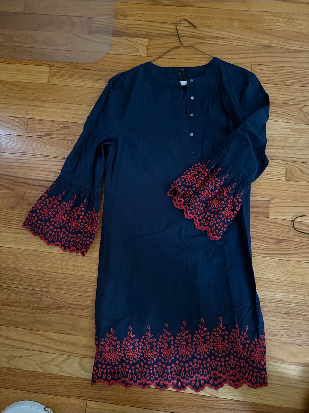 J. Crew Navy Dress with Red Embroidered Hem and Cuffs